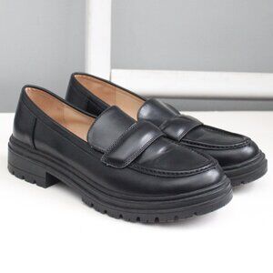 Coutgo ZBY Women's Black Vegan Leather Lug Sole Loafer Flats Size 10